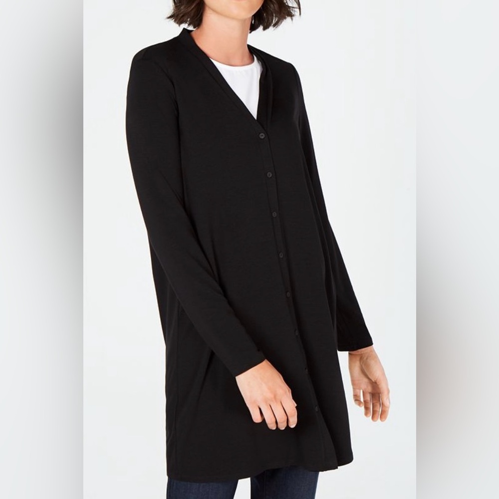Eileen Fisher V-Neck A-Line 100% Wool Button Cardigan In Black Size L